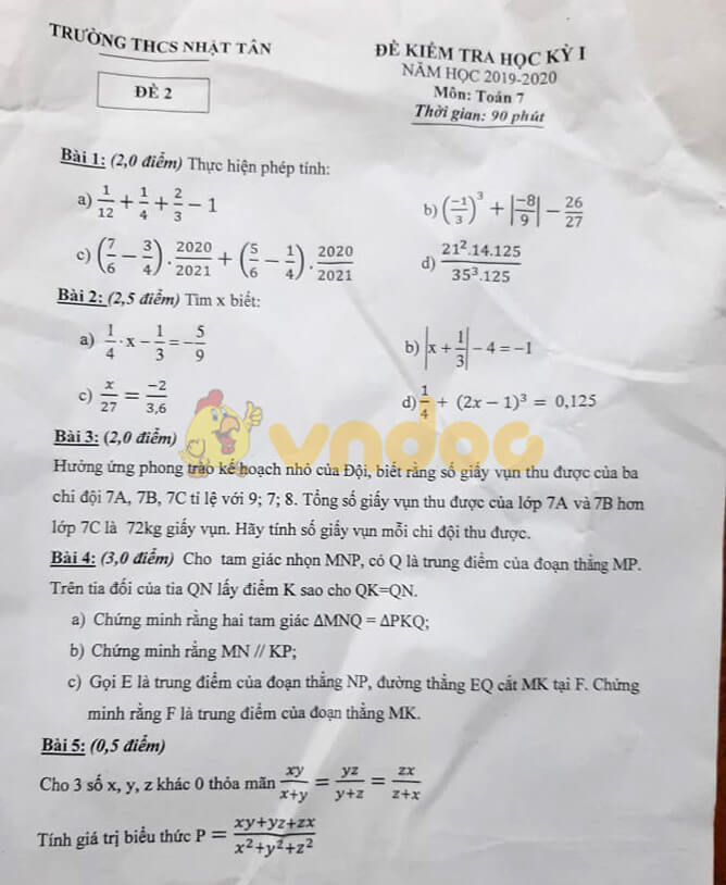 Đề kiểm tra học kì 1 môn Toán 7 năm 2019