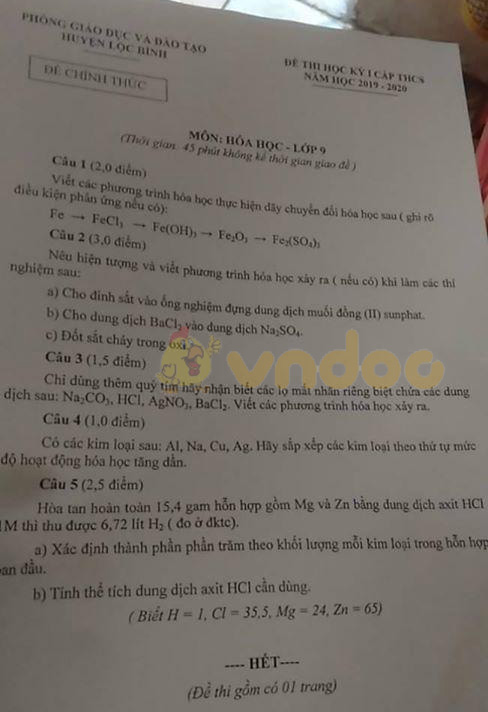 Đề thi học kì 1 lớp 9 môn Hóa học Phòng GD&ĐT huyện Lộc Bình năm học 2019 - 2020