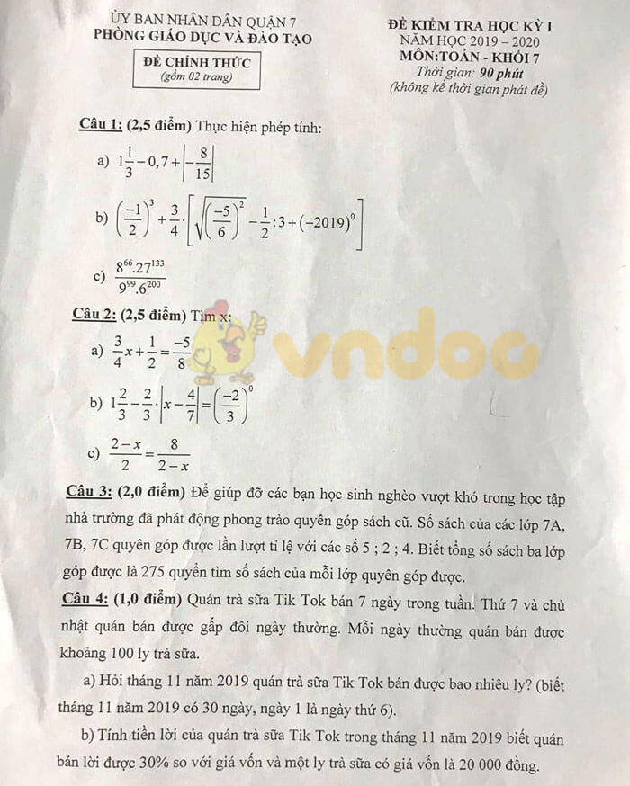 Đề thi học kì 1 lớp 7 môn Toán Phòng GD&ĐT Quận 7, TP Hồ Chí Minh năm học 2019 - 2020