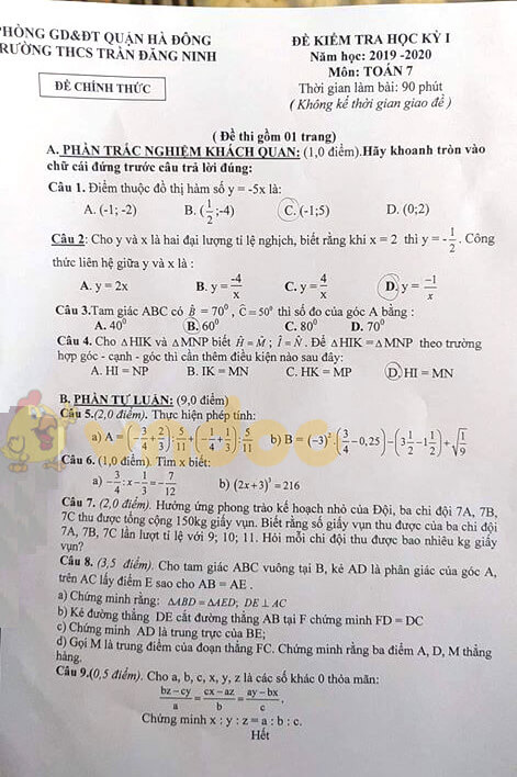 Đề kiểm tra học kì 1 môn Toán 7 năm 2019