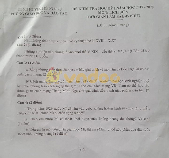 Đề thi học kì 1 lớp 8 môn Lịch sử Phòng GD&ĐT huyện Hồng Ngự năm học 2019 - 2020