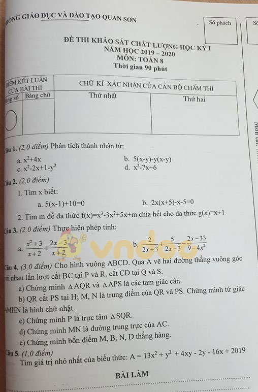 Đề thi học kì 1 lớp 8 môn Toán Phòng GD&ĐT Quan Sơn năm học 2019 - 2020