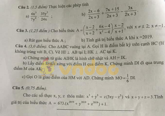 Đề thi học kì 1 lớp 8 môn Toán Sở GD&ĐT Nam Định năm học 2019 - 2020