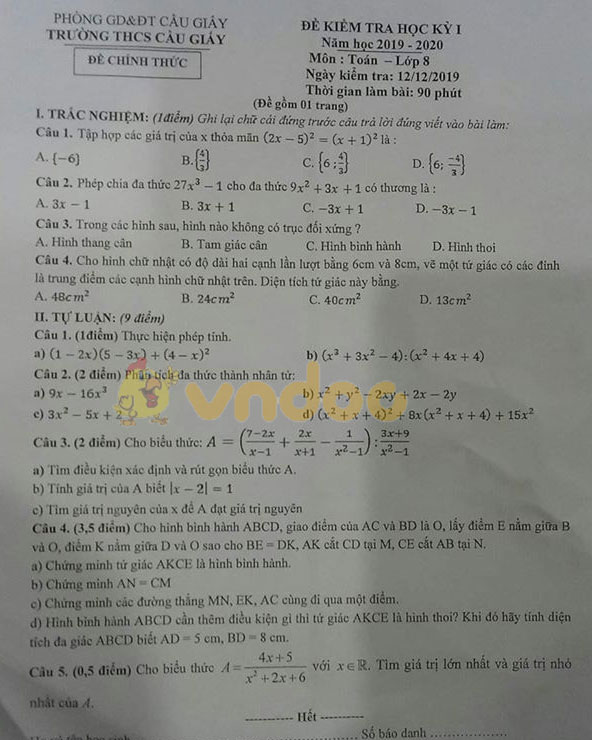 Đề thi học kì 1 lớp 8 môn Toán Trường THCS Cầu Giấy năm học 2019 - 2020