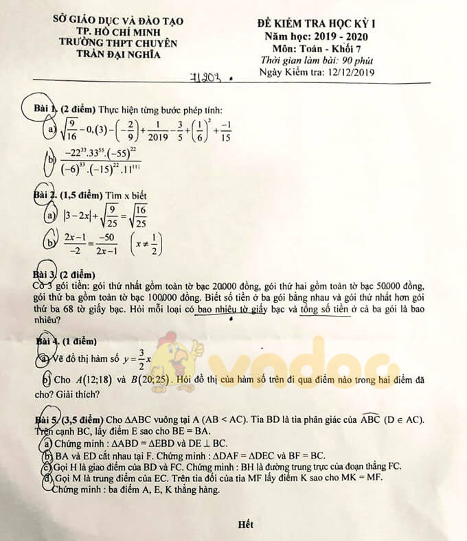 Đề thi Toán học kì 1 lớp 7