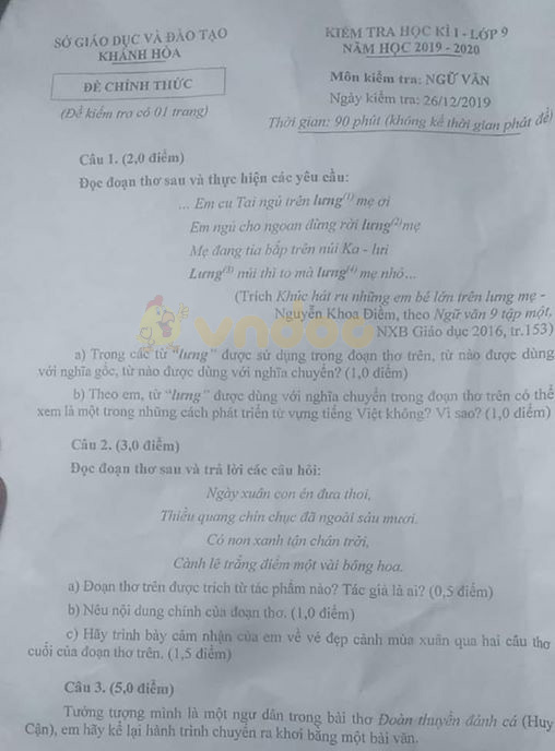 Đề thi học kì 1 lớp 9 môn Ngữ văn Sở GD&ĐT Khánh Hòa năm học 2019 - 2020