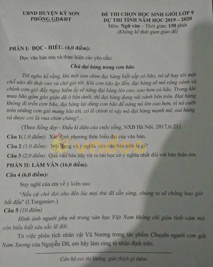 Đề thi học sinh giỏi lớp 9 môn Toán Phòng GD&ĐT huyện Kỳ Sơn năm học 2019 - 2020