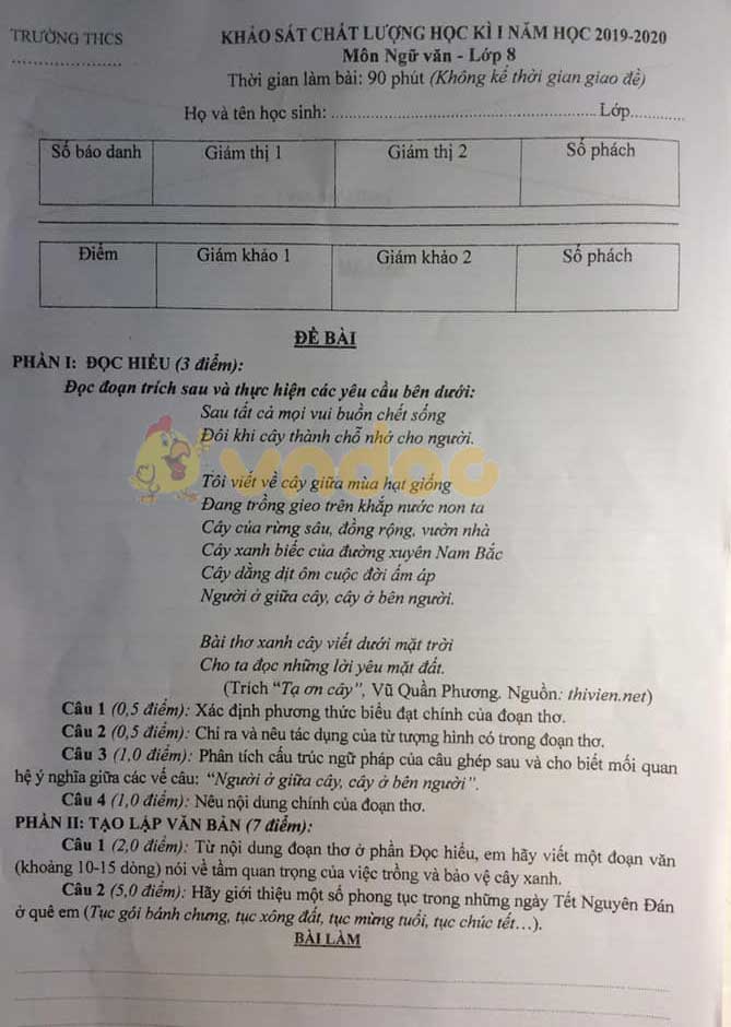 Đề thi học kì 1 lớp 8 môn Ngữ văn Trường THCS Thanh Hóa năm học 2019 - 2020