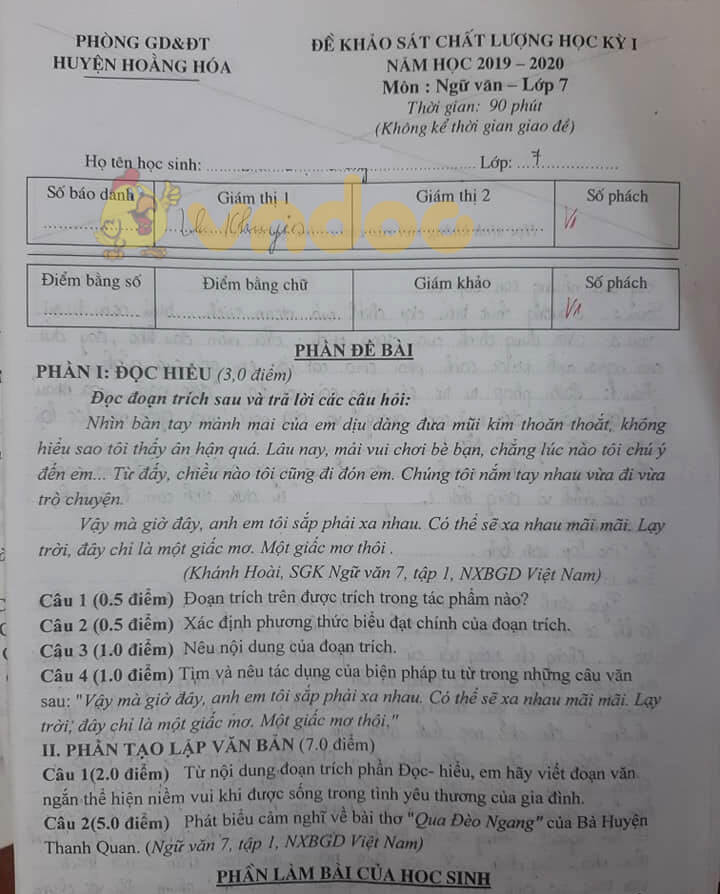 Đề kiểm tra học kì 1 môn Văn lớp 7 năm 2019