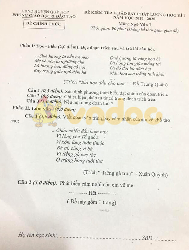 Đề kiểm tra học kì 1 môn Văn lớp 7 năm 2019