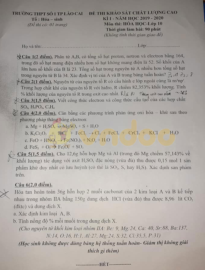 Đề thi học kì 1 lớp 10 môn Hóa học Trường THPT Số 1 TP Lào Cai năm học 2019 - 2020