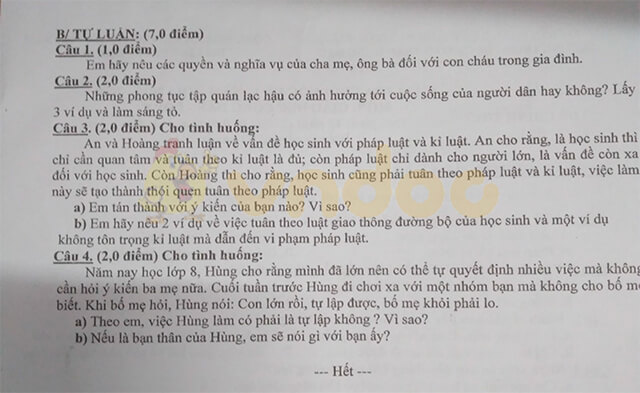 Đề thi học kì 1 lớp 8 môn GDCD trường THCS Trần Hưng Đạo, Biên Hòa năm 2019 - 2020