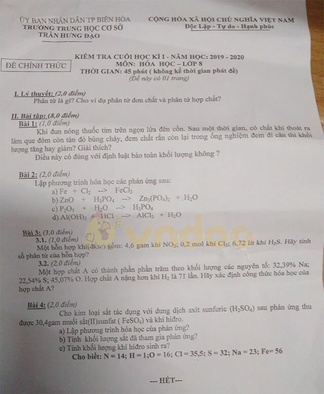 Đề thi học kì 1 lớp 8 môn Hóa học Trường THCS Trần Hưng Đạo, Biên Hòa năm học 2019 - 2020
