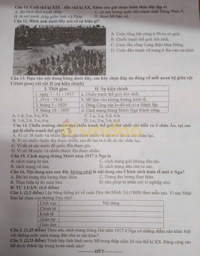 Đề thi học kì 1 lớp 8 môn Lịch sử Trường THCS Trần Hưng Đạo, Biên Hòa năm học 2019 - 2020