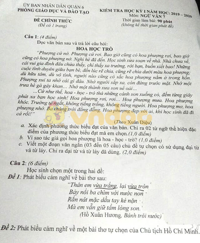 Đề kiểm tra học kì 1 môn Văn lớp 7 năm 2019