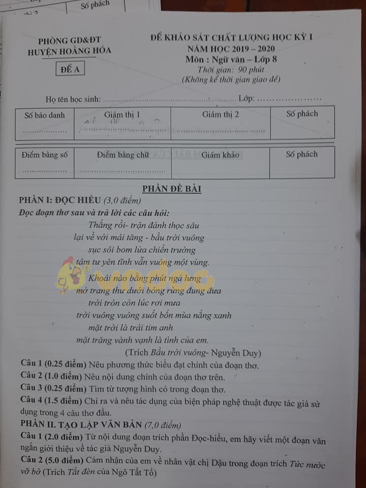 Đề thi học kì 1 lớp 8 môn Ngữ văn Phòng GD&ĐT huyện Hoằng Hóa năm học 2019 - 2020