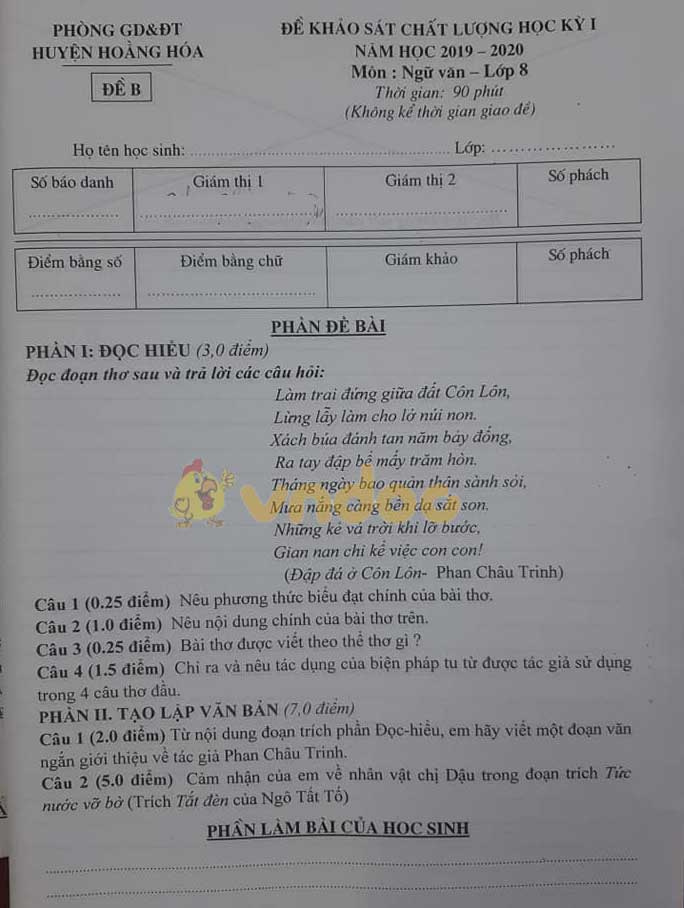 Đề thi học kì 1 lớp 8 môn Ngữ văn Phòng GD&ĐT huyện Hoằng Hóa năm học 2019 - 2020