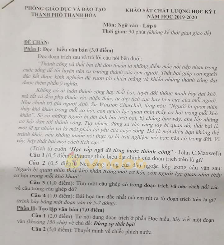 Đề thi học kì 1 lớp 8 môn Ngữ văn Phòng GD&ĐT Thanh Hóa năm học 2019 - 2020