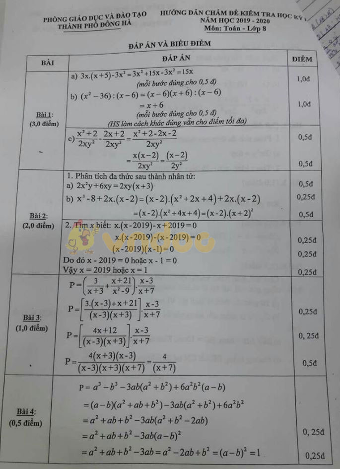Đề thi học kì 1 lớp 8 môn Toán Phòng GD&ĐT Đông Hà năm học 2019 - 2020