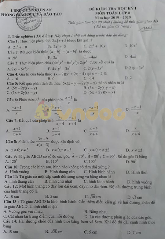 Đề thi học kì 1 lớp 8 môn Toán Phòng GD&ĐT Kiến An, Hải Phòng năm học 2019 - 2020