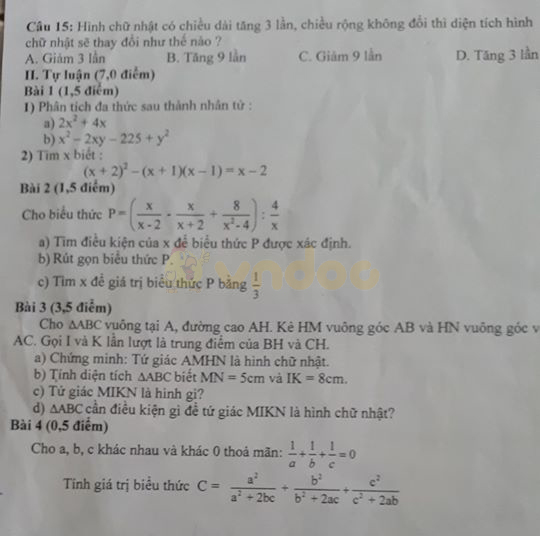 Đề thi học kì 1 lớp 8 môn Toán Phòng GD&ĐT Kiến An, Hải Phòng năm học 2019 - 2020