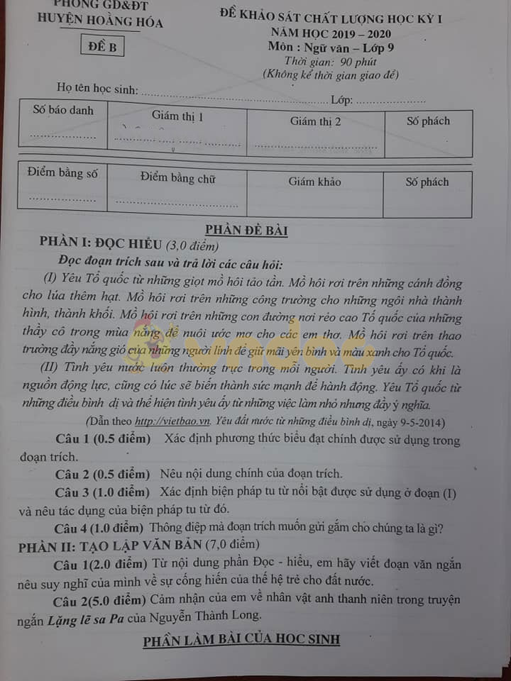 Đề thi học kì 1 lớp 9 môn Ngữ văn Phòng GD&ĐT huyện Hoằng Hóa năm học 2019 - 2020