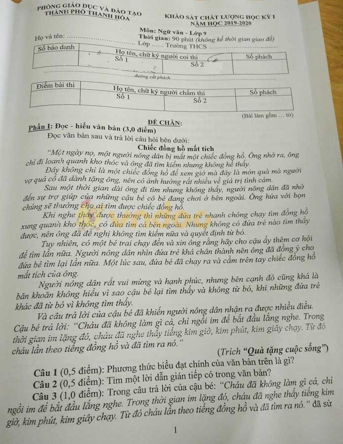 Đề thi học kì 1 lớp 9 môn Ngữ văn Phòng GD&ĐT Thanh Hóa năm học 2019 - 2020 (đề chẵn)