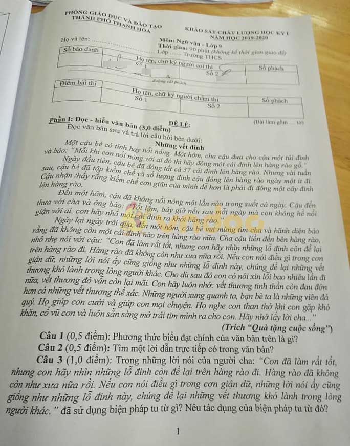 Đề thi học kì 1 lớp 9 môn Ngữ văn Phòng GD&ĐT Thanh Hóa năm học 2019 - 2020 (đề lẻ)