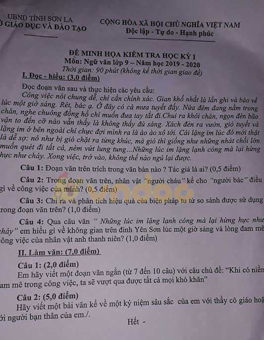 Đề thi học kì 1 lớp 9 môn Ngữ văn Sở GD&ĐT Sơn La năm học 2019 - 2020