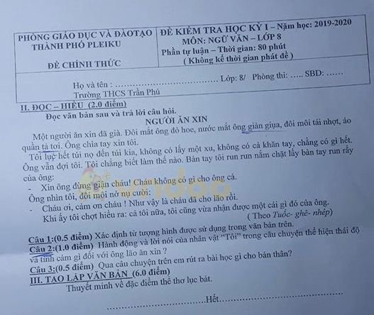 Đề thi học kì 1 lớp 8 môn Ngữ văn Trường THCS Trần Phú, Pleiku năm học 2019 - 2020