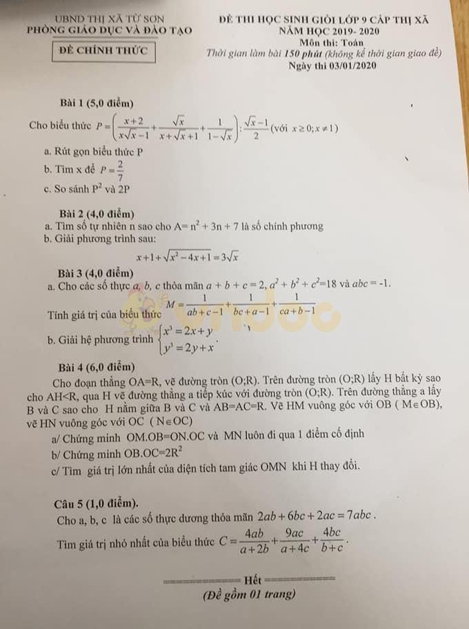 Đề thi học sinh giỏi lớp 9 môn Toán Phòng GD&ĐT thị xã Từ Sơn năm học 2019 - 2020