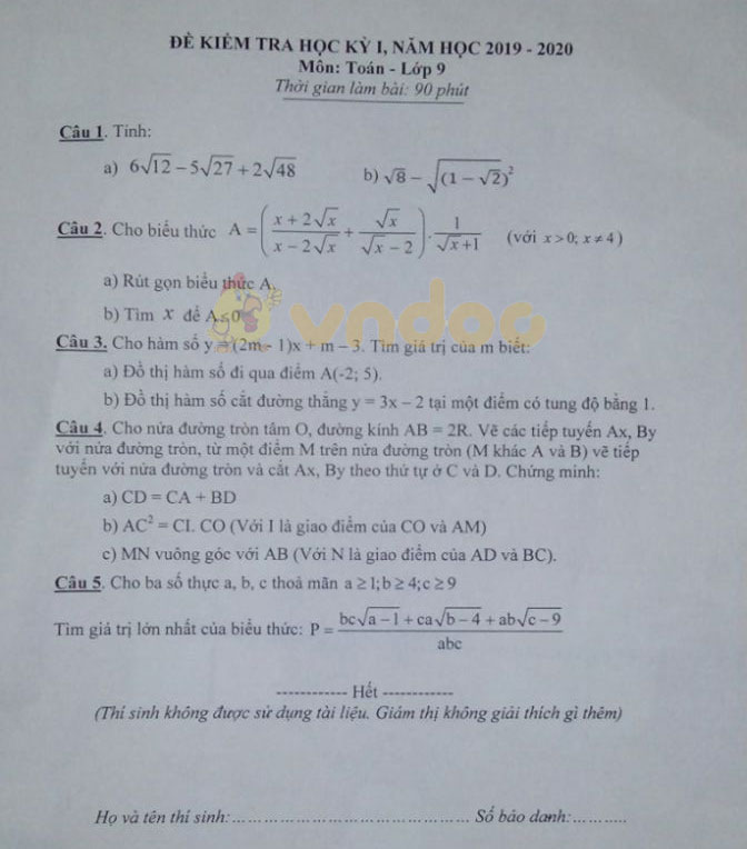 Đề thi học kì 1 lớp 9 môn Toán Phòng GD&ĐT Hương Sơn năm học 2019 - 2020