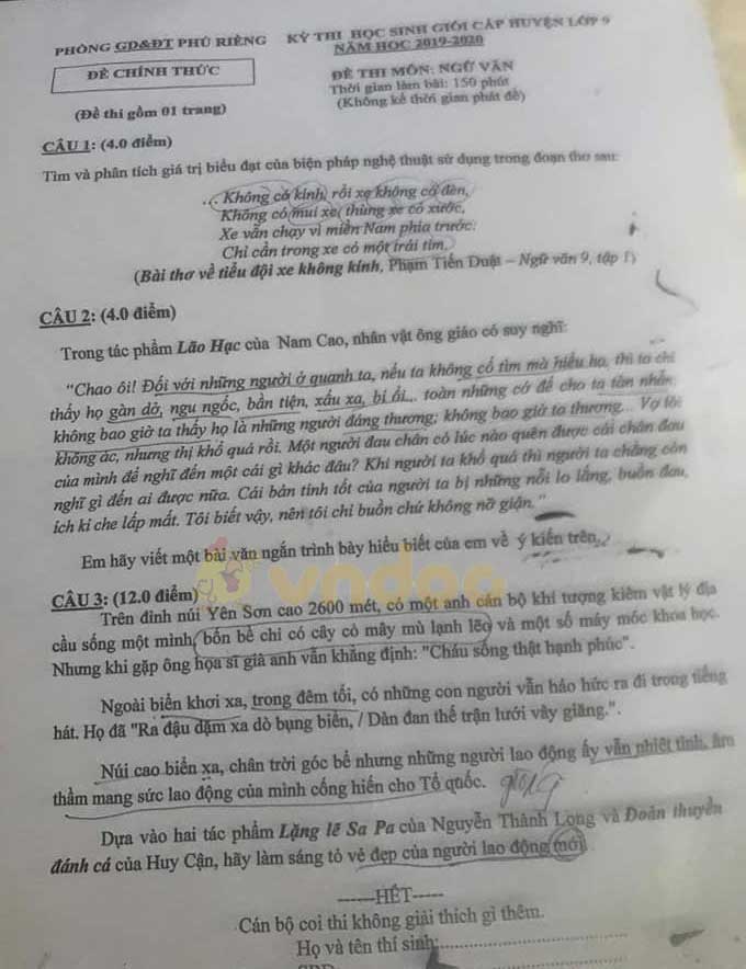 Đề thi học sinh giỏi lớp 9 môn Ngữ văn Phòng GD&ĐT Phú Riềng năm học 2019 - 2020