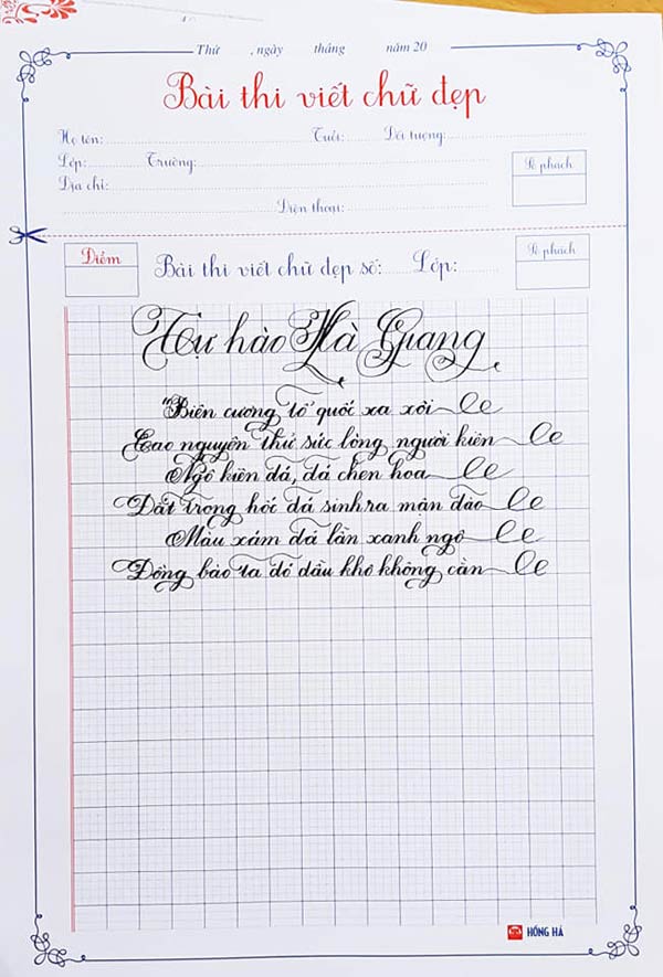 Bài thi viết chữ đẹp của học sinh lớp 3