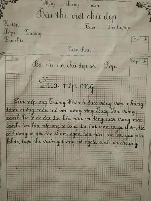 Bài thi viết chữ đẹp của học sinh lớp 3