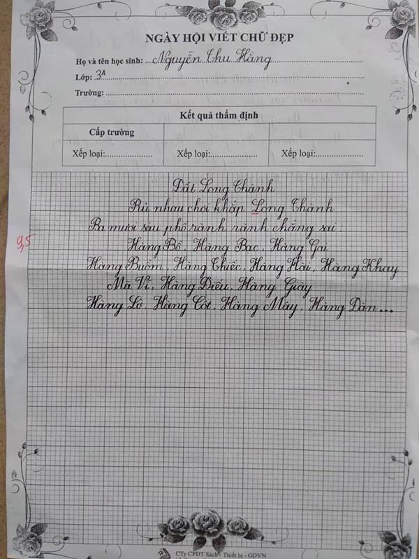 Bài thi viết chữ đẹp của học sinh lớp 3