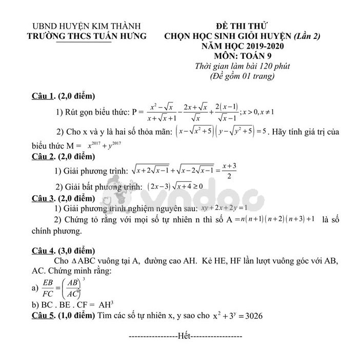 Đề thi học sinh giỏi lớp 9 môn Toán Trường THCS Tuấn Hưng, Kim Thành năm học 2019 - 2020 (lần 2)
