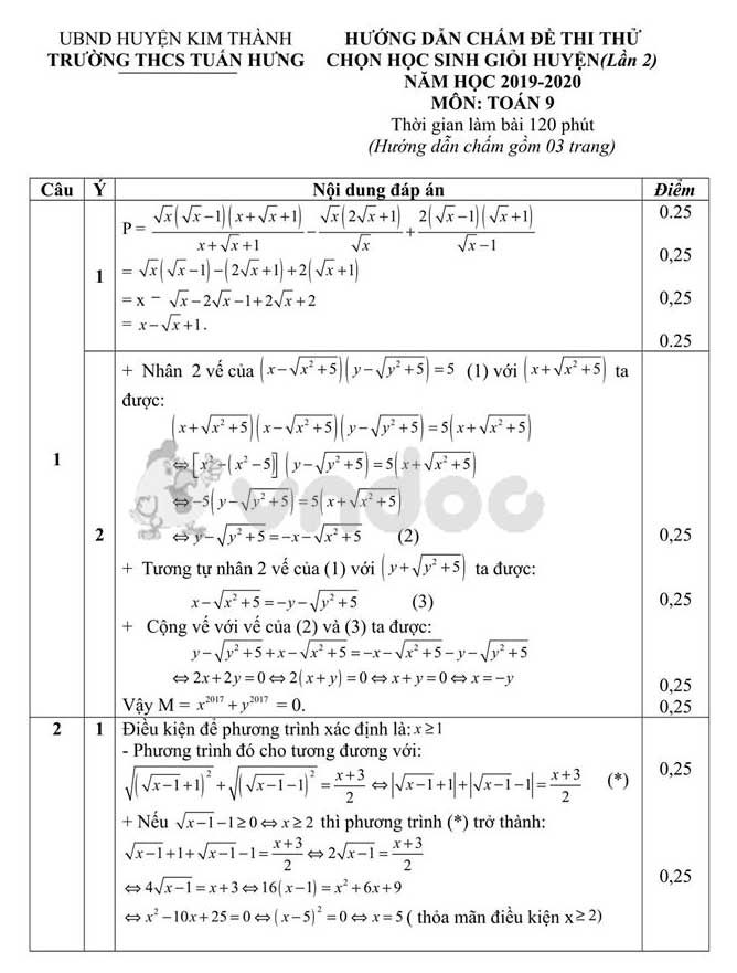 Đề thi học sinh giỏi lớp 9 môn Toán Trường THCS Tuấn Hưng, Kim Thành năm học 2019 - 2020 (lần 2)