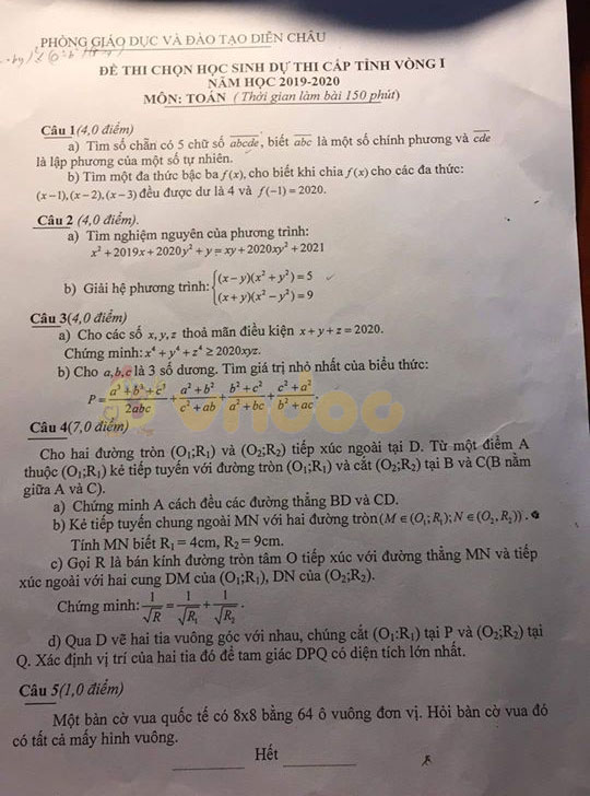 Đề thi học sinh giỏi cấp tỉnh lớp 9 môn Toán Phòng GD&ĐT Diễn Châu năm học 2019 - 2020