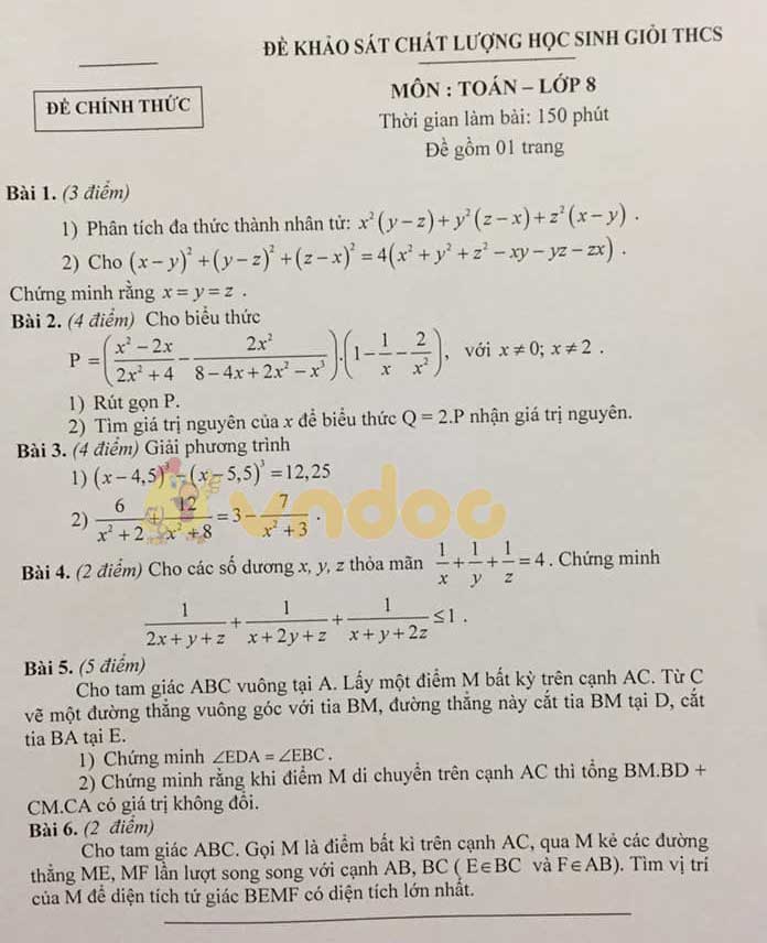 Đề thi học sinh giỏi lớp 8 môn Toán Phòng GD&ĐT huyện Ý Yên năm học 2019 - 2020