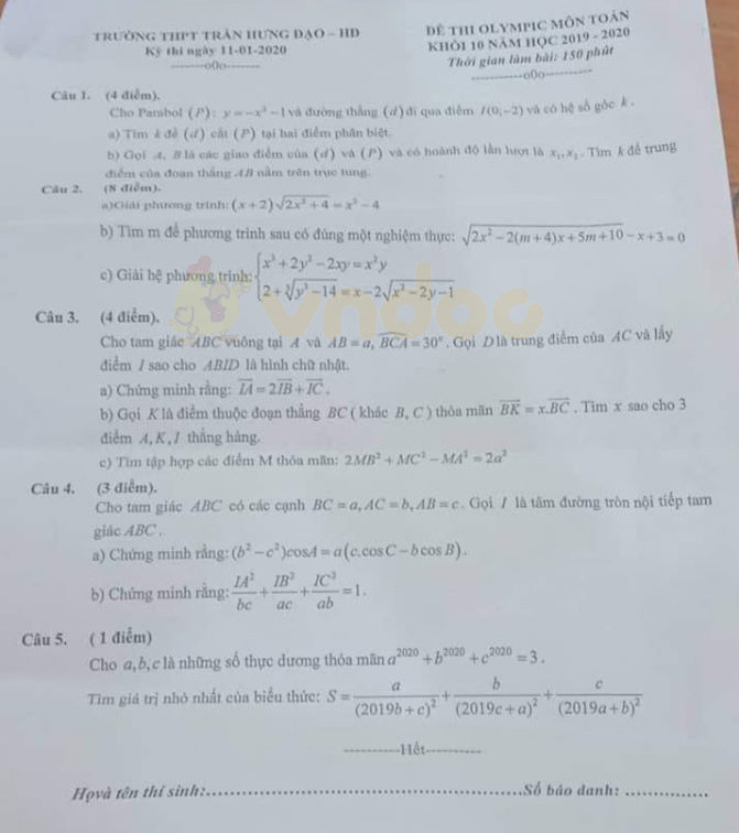Đề thi Olympic lớp 10 môn Toán Trường THPT Trần Hưng Đạo năm học 2019 - 2020