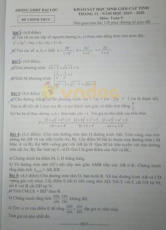 Đề thi học sinh giỏi cấp tỉnh lớp 9 môn Toán Phòng GD&ĐT Đại Lộc năm học 2019 - 2020