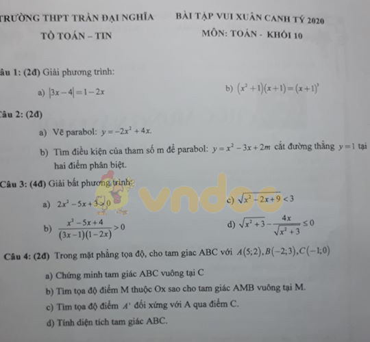 Bài tập môn Toán lớp 10 trường THPT Trần Đại Nghĩa năm 2020