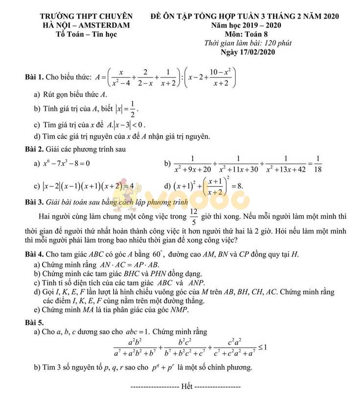 Đề cương ôn tập môn Toán lớp 8 tuần 3 trường THPT Chuyên Hà Nội - Amsterdam năm học 2019 - 2020