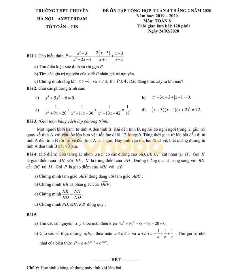 Đề cương ôn tập môn Toán lớp 8 tuần 4 trường THPT Chuyên Hà Nội - Amsterdam năm học 2019 - 2020