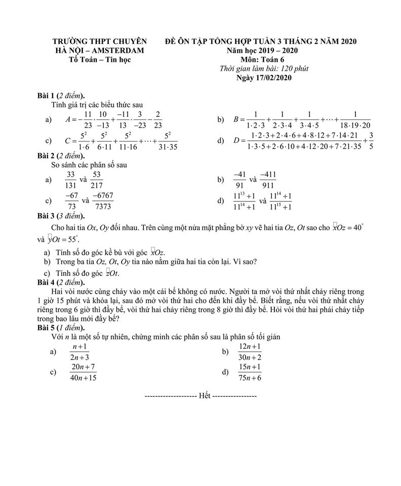 Đề ôn tập môn Toán lớp 6