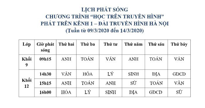 Lịch phát sóng truyền hình chương trình dạy học sinh khối 9, 12