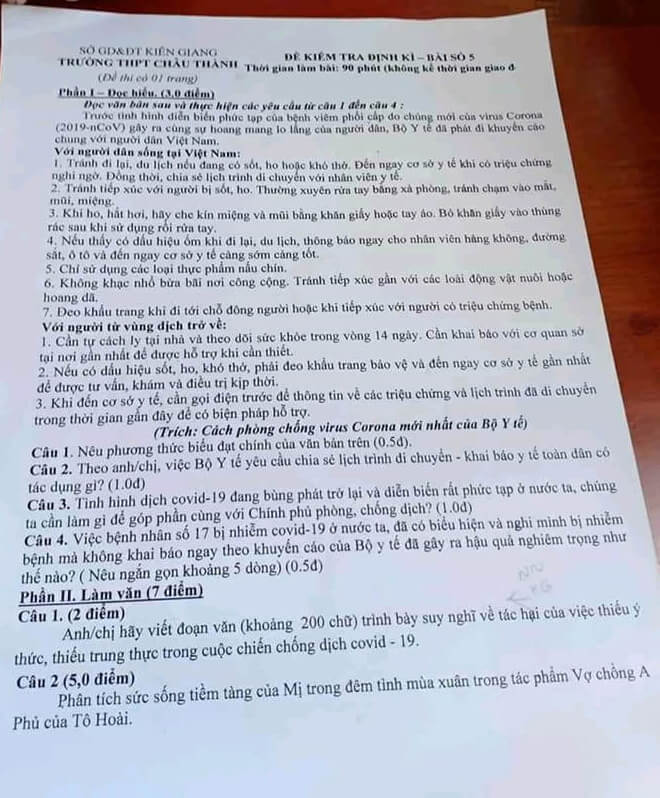 Đề kiểm tra học kì 2 môn Ngữ Văn 12 trường THPT Châu Thành