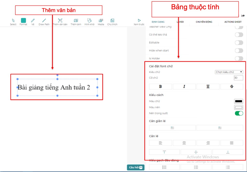 Hướng dẫn sử dụng bảng thuộc tính trong Edulive