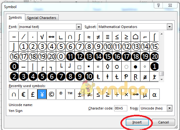 Cách chèn ký tự đặc biệt trong Excel 2003